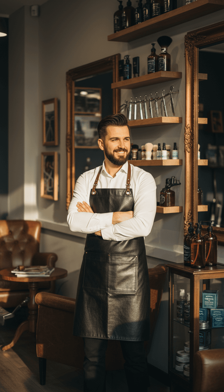 Barbershop owner standing confidently in shop wearing professional apron with grooming tools visible behind