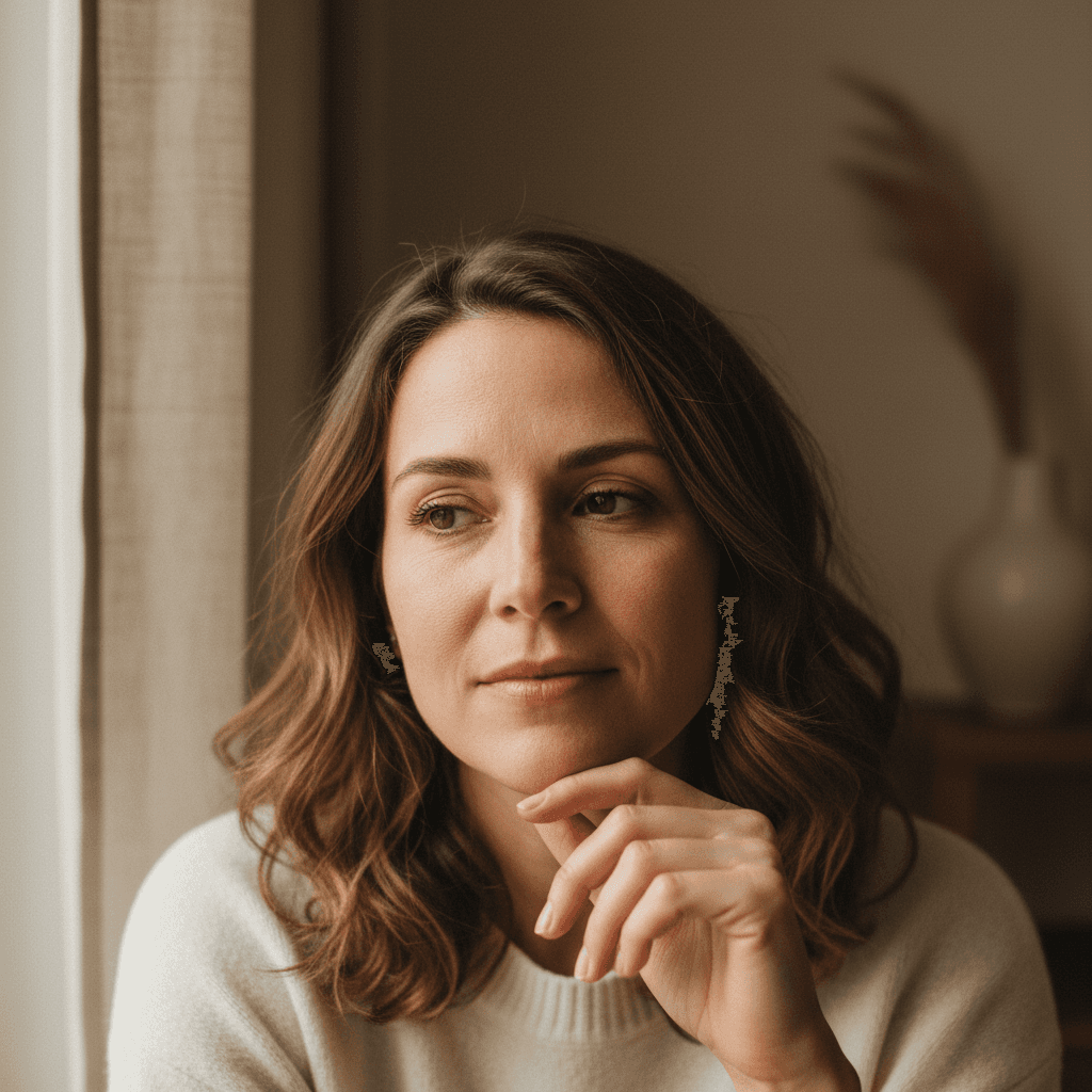 Woman in quiet reflection with soft natural light, expressing contemplation and inner strength during a moment of personal clarity