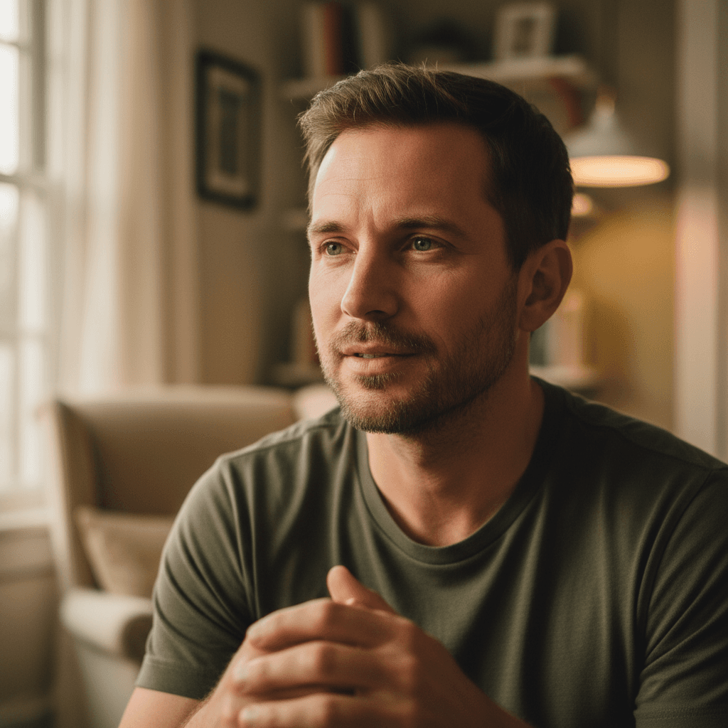 Close-up portrait of a man with thoughtful, resilient expression in warm, soft lighting conveying personal reflection and emotional openness