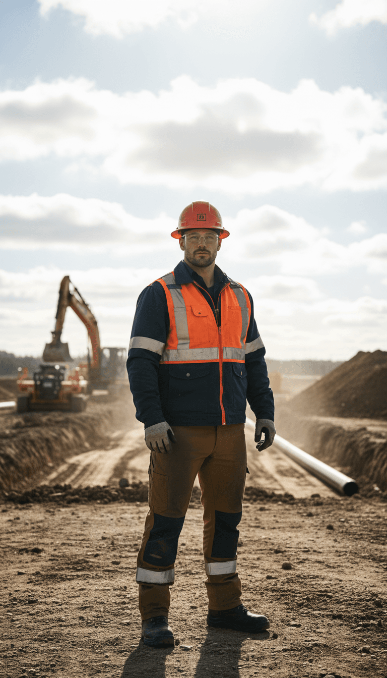 Professional utility contractor in safety gear standing confidently on active underground construction site